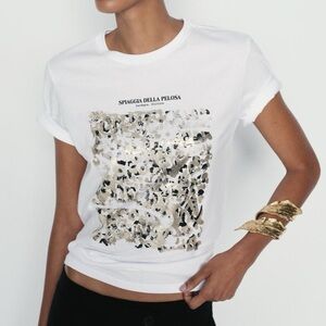 Zara T Shirt Sold Out NWT Metallic graphic Gold Black Bloggers Fave XL Madewell